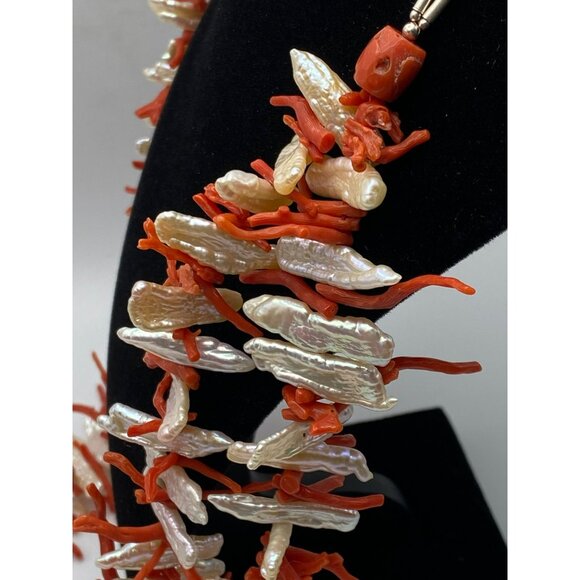 Orange Branch Coral Freshwater Pearl Necklace Double Strand Sterling Silver 32" - Picture 4 of 10
